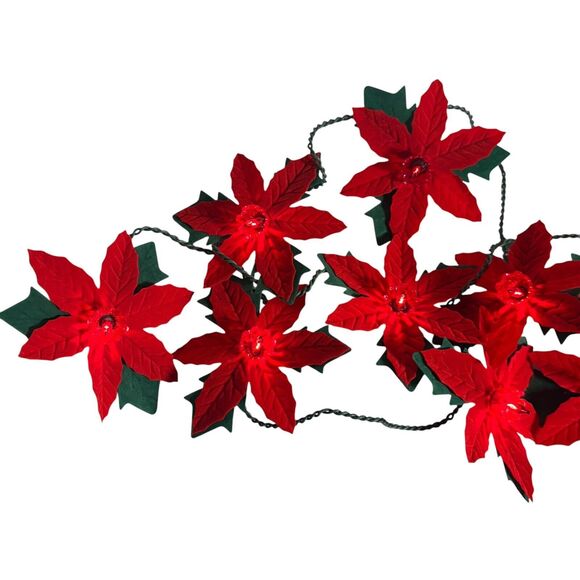 Vintage Velvet Poinsettia Christmas Tulip Reflector Red 10 Light Strand - Picture 5 of 9